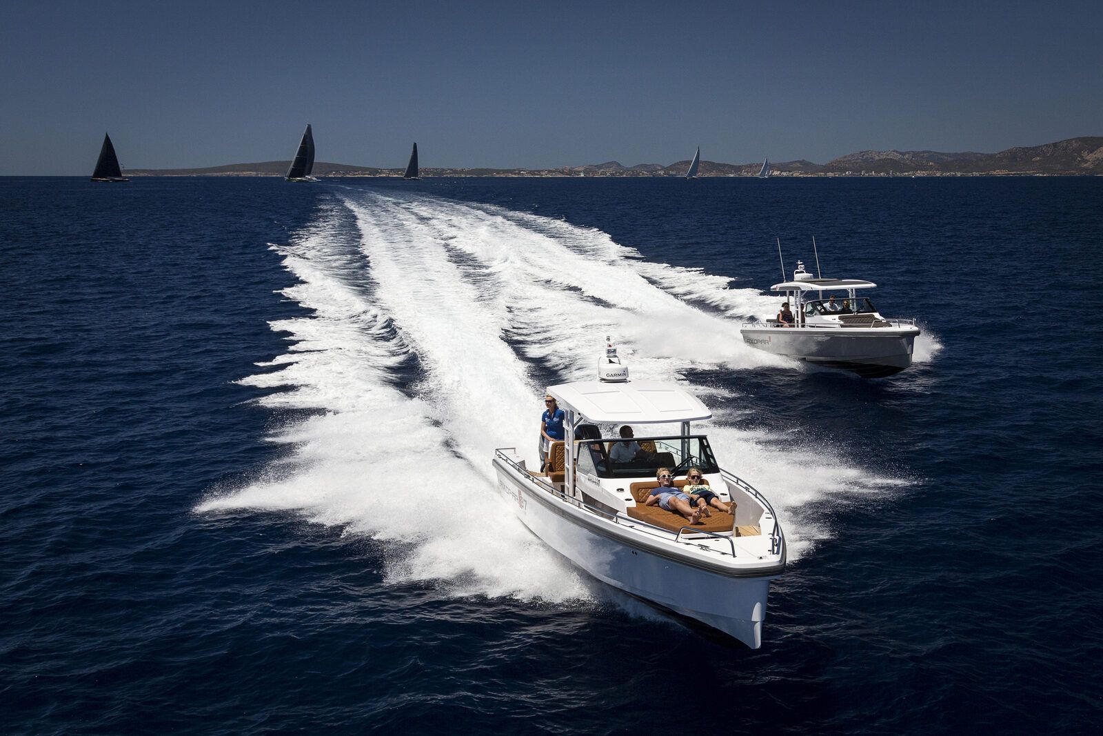 Two Axopar boats cruising together off Mallorca coast