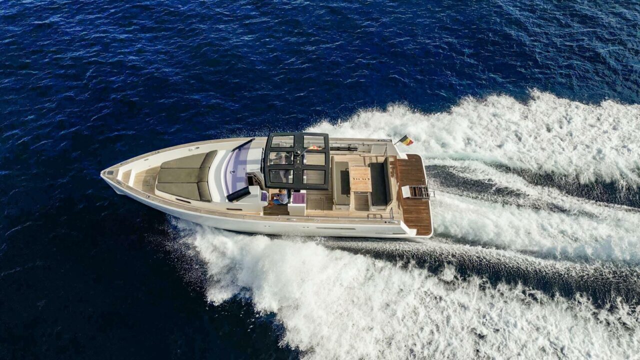 Aerial view of the Fjord 40 Open at speed in the Mediterranean