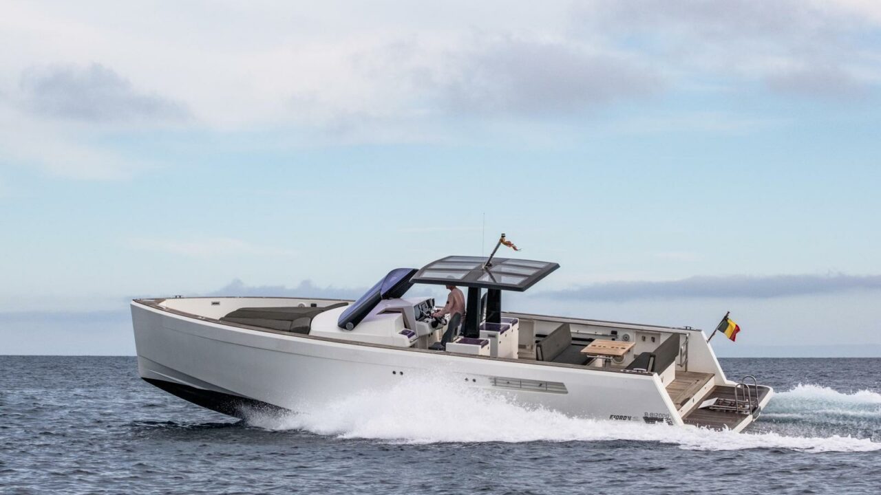 Fjord 40 Open charter boat side profile cruising off the Mallorca coast