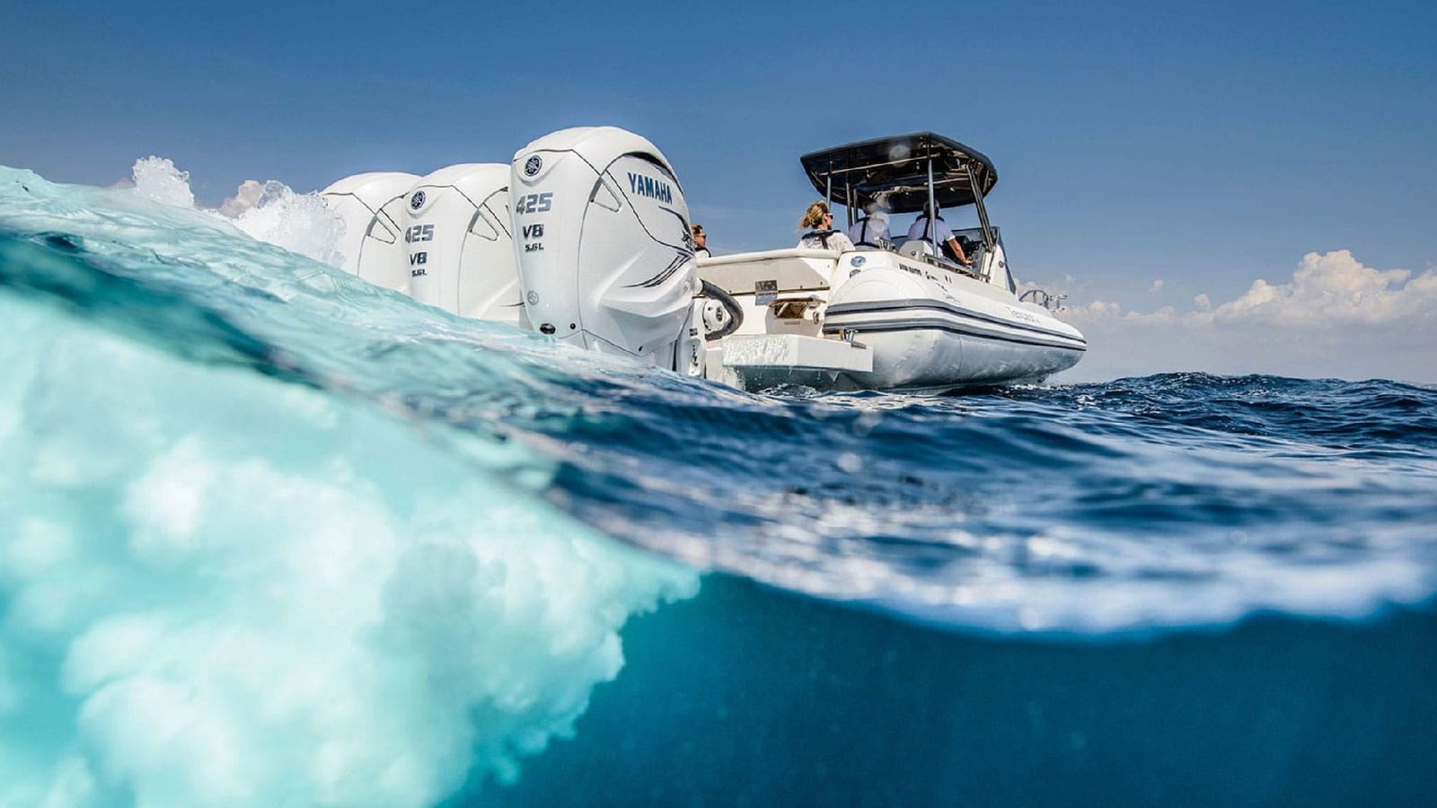 Tempest 44 underwater hull view showing triple outboard engines